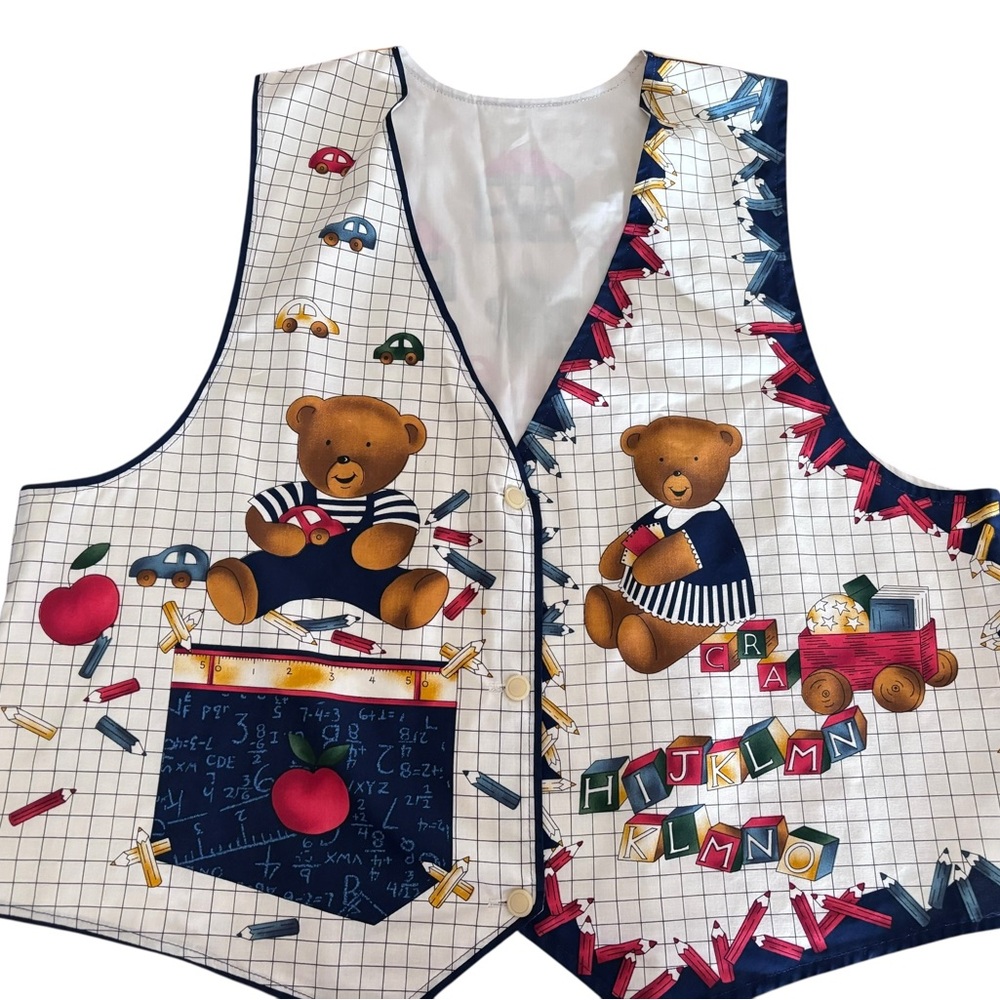 Vintage 90s Teacher Core Novelty Vest Handmade Apple Alphabet School Print XL